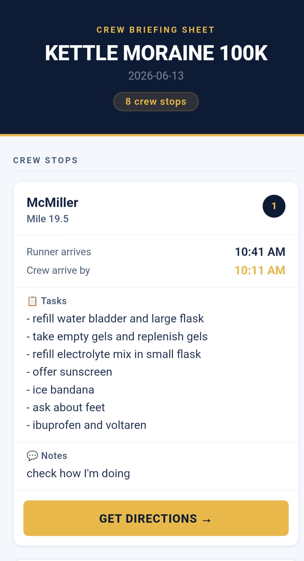 Iron Miles crew briefing sheet on iPhone showing McMiller aid station with task list and Get Directions button